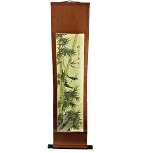 Vintage Chinese Paper Watercolor Scroll Bamboo and Two Birds